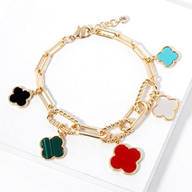 Gold Dipped Mother Of Pearl Quatrefoil Charm Station Chain Bracelet