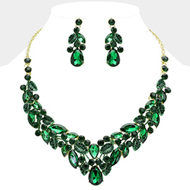 Teardrop Stone Cluster Pointed Marquise Stone Embellished Leaves Evening Necklace