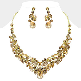 Teardrop Stone Cluster Pointed Marquise Stone Embellished Leaves Evening Necklace