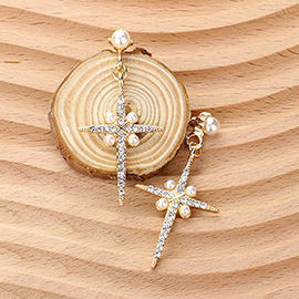 Pearl And Stone Paved Cross Dangle Earrings