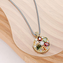 14K Gold Plated Multi Color Marquise CZ Stone Embellished Flower Disc Pendant Necklace