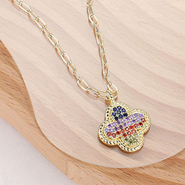 14K Gold Plated Multi Color CZ Stone Paved Quatrefoil Pendant Paperclip Chain Necklace