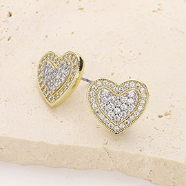 14K Gold Plated CZ Stone Paved Heart Stud Earrings