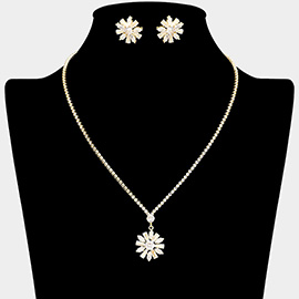 CZ Stone Embellished Flower Pendant Pointed Rhinestone Paved Necklace