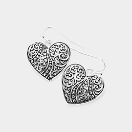 Antique Metal Filigree Heart Dangle Earrings