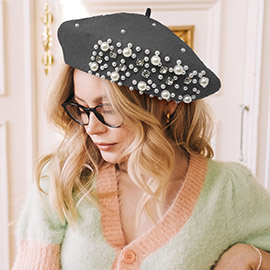 Pearl Stone Embellished Wool Blend Beret Hat