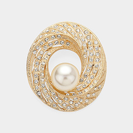 Pearl Pointed Stone Paved Open Swirl Pin Brooch