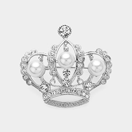 Pearl Pointed Stone Paved Crown Pin Brooch