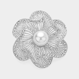 Pearl Pointed Stone Paved Flower Pin Brooch