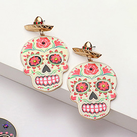 Stone Pointed Enamel Sugar Skull Dangle Earrings