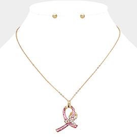 Double Pink Ribbon Pendant Necklace