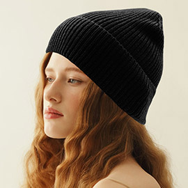 Solid Rib Knit Cuff Beanie Hat