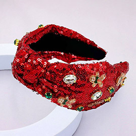 Stone Cluster Gingerbread Man Embellished Sequin Knot Headband