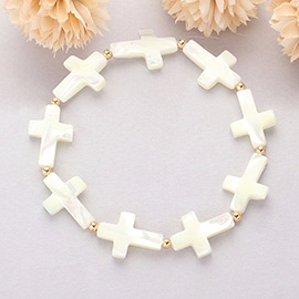 Mother Of Pearl Cross Beaded Stretch Bracelet