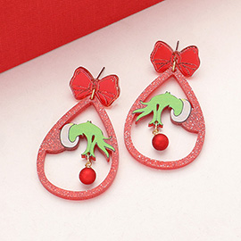 Glittered Resin Christmas Grinch  Hand Teardrop Dangle Earrings