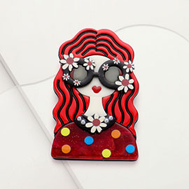 Resin Lady in Flower Sunglasses Pin Brooch