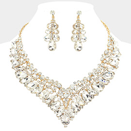 Teardrop Marquise Round Stone Embellished V Shaped Evening Necklace