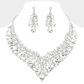 Teardrop Marquise Round Stone Embellished V Shaped Evening Necklace