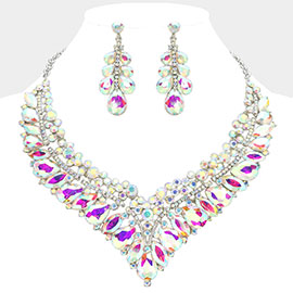 Teardrop Marquise Round Stone Embellished V Shaped Evening Necklace