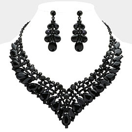 Teardrop Marquise Round Stone Embellished V Shaped Evening Necklace