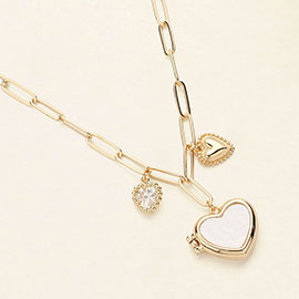 Pearl Heart Locket Pendant Pointed Heart Charm Dangle Paperclip Chain Necklace