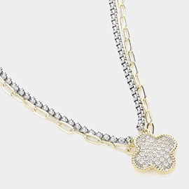 14K Gold Plated CZ Stone Paved Quatrefoil Pendant Layered Necklace