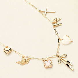 Bow Heart Cross Quatrefoil Angel Charm Station Necklace