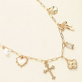 Pearl Heart Cross Quatrefoil Bow Charm Station Necklace