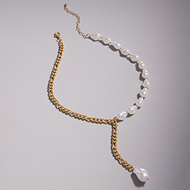 Half Natural Pearl Beaded Chain Necklace