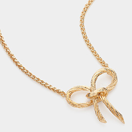 Textured Brass Metal Bow Pendant Pointed Necklace