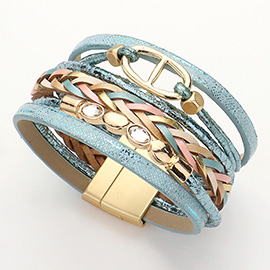 Stone Bezel Metal Charm Pointed Faux Leather Braided Strap Strand Magnetic Bracelet