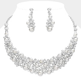 Pearl Stone Cluster Embellished Evening Necklace