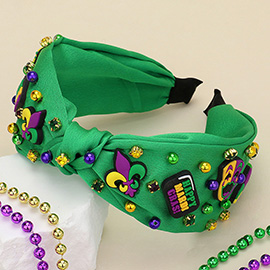 Mardi Gras Charm Stone Cluster Embellished Knot Headband