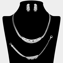 Rhinestone Paved X Pointed Plate Snake Chain Necklace Jewelry Set