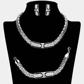 Geometric Rhinestone Paved Plate Pointed Chunky Necklace Jewelry Set