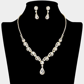 Teardrop Stone Pendant Accented Round Stone Rhinestone Paved Necklace