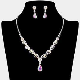 Teardrop Stone Pendant Accented Round Stone Rhinestone Paved Necklace