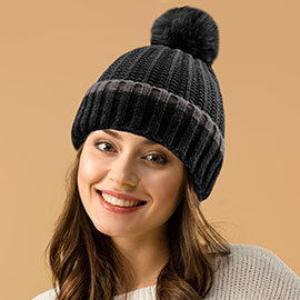 Ribbed Knit Pom Pom Beanie Hat