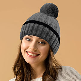 Ribbed Knit Pom Pom Beanie Hat