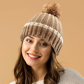 Ribbed Knit Pom Pom Beanie Hat