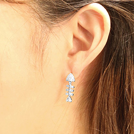 14K White Gold Dipped CZ Stone Paved Fish Bone Earrings