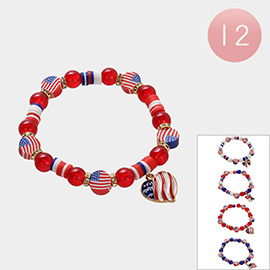 12PCS - Enamel American USA Flag Charm Pointed Stretch Bracelet