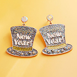 Glittered Enamel Happy New Year Message Hat Dangle Earrings