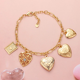 Metal Heart Locket Charm Station Paperclip Chain Bracelet