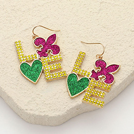 Stone Paved Sparkly Mardi Gras LOVE Dangle Earrings