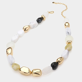 Natural Stone Metal Pebble Beaded Necklace