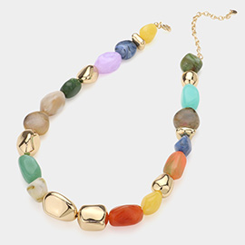 Natural Stone Metal Pebble Beaded Necklace