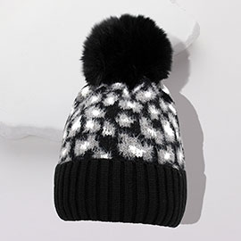 Leopard Pattern Pom Pom Beanie Hat