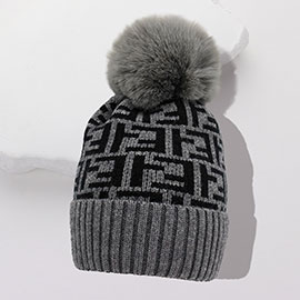 Greek Geometric Patterned Pom Pom Beanie Hat