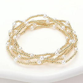 5PCS - Pearl Metal Ball Beaded Stretch Multi Layered Bracelets